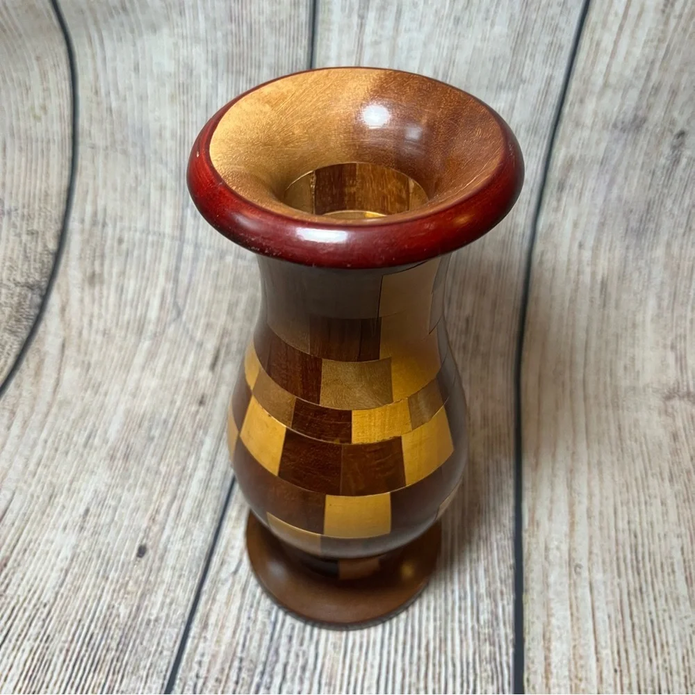 VTG Handcrafted Natural Wood Tones‎ Checkered Vase 9” Segmented Turned Wood Boho